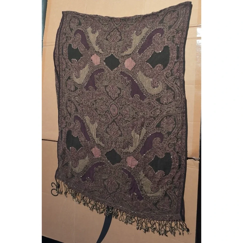 Purple Paisley Sequin Pashmina Shawl Scarf Fringe Wrap Plum Olive Black, Women's